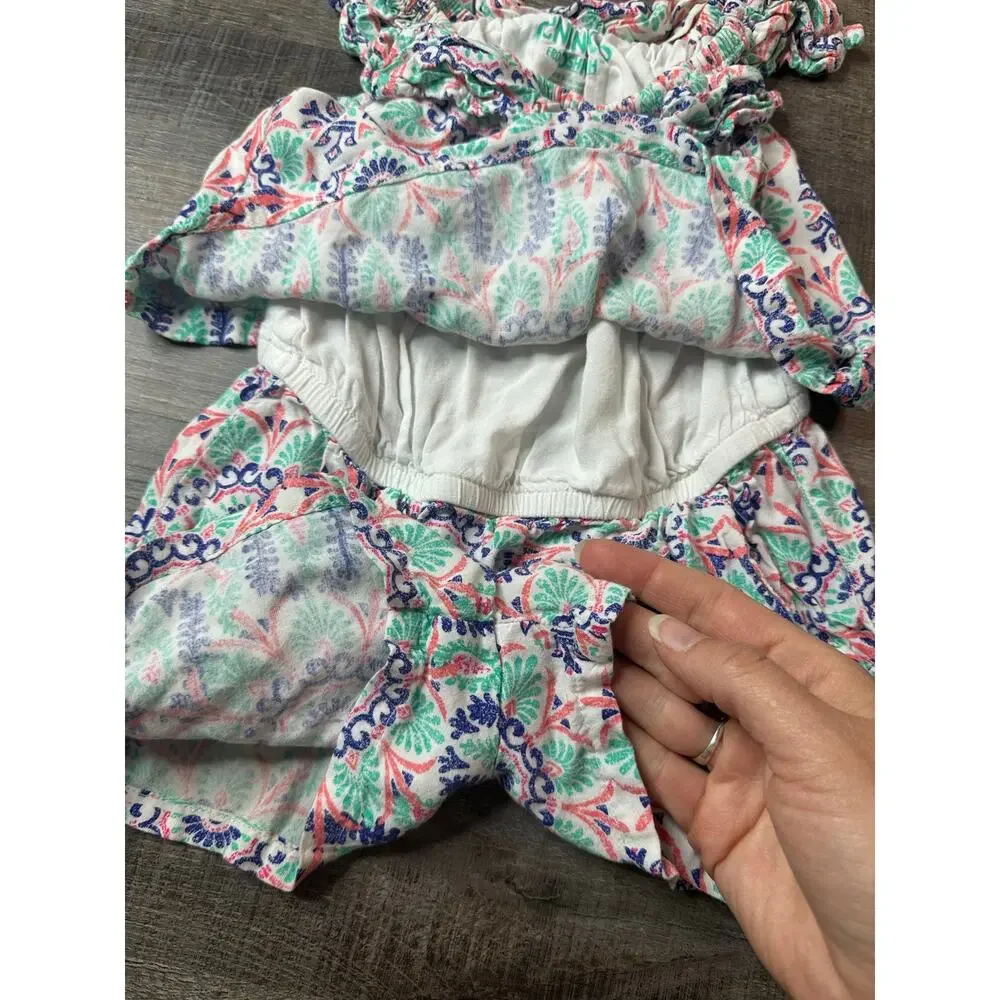 Genuine Kids Romper with Fringe Neckline White Blue, Coral Aqua Design Girls 2T